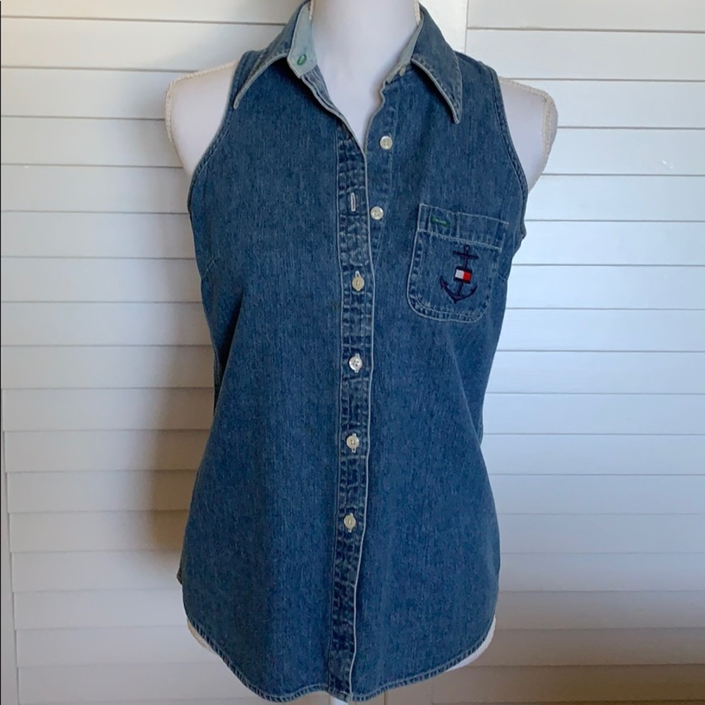 Tommy Hilfiger denim sleeveless buttondown shirt.